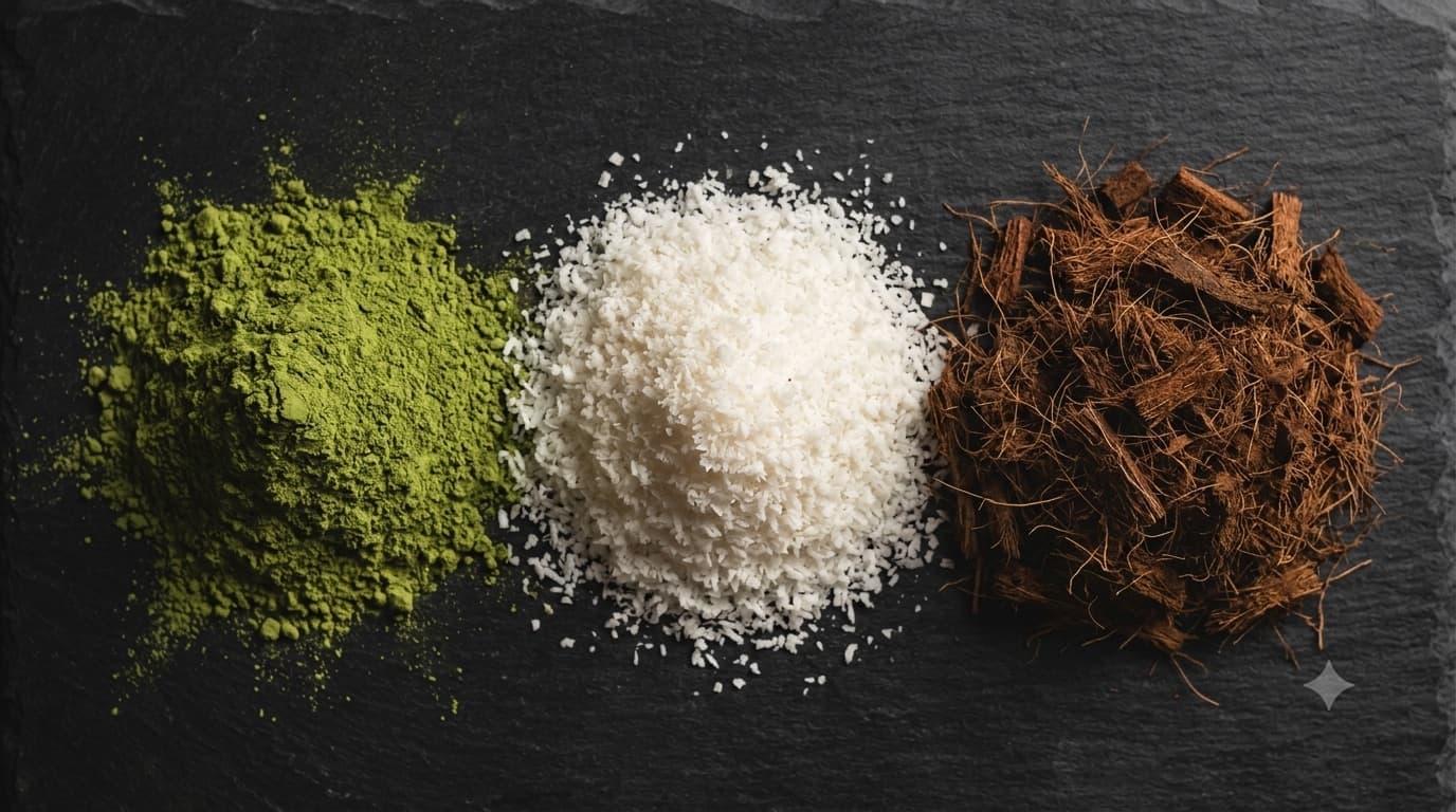 Heaps of green moringa powder, white desiccated coconut and brown coconut coir on a dark slate surface.