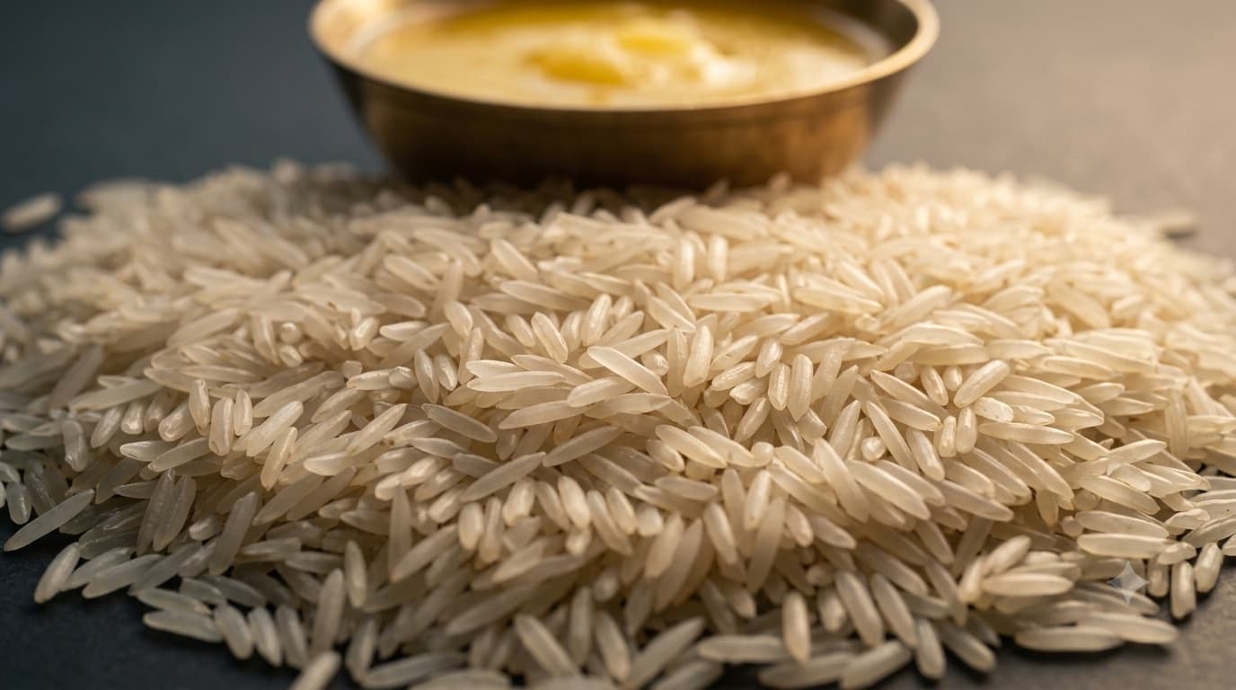 Long-grain Basmati rice spread beside a brass bowl of golden ghee.