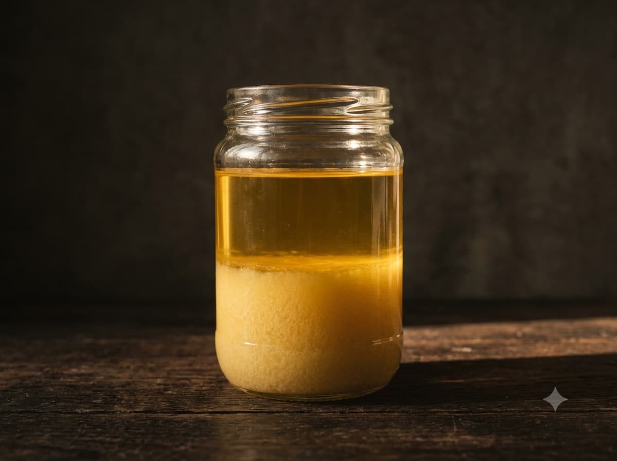 A glass jar of golden ghee lit from the side, part set and part liquid.