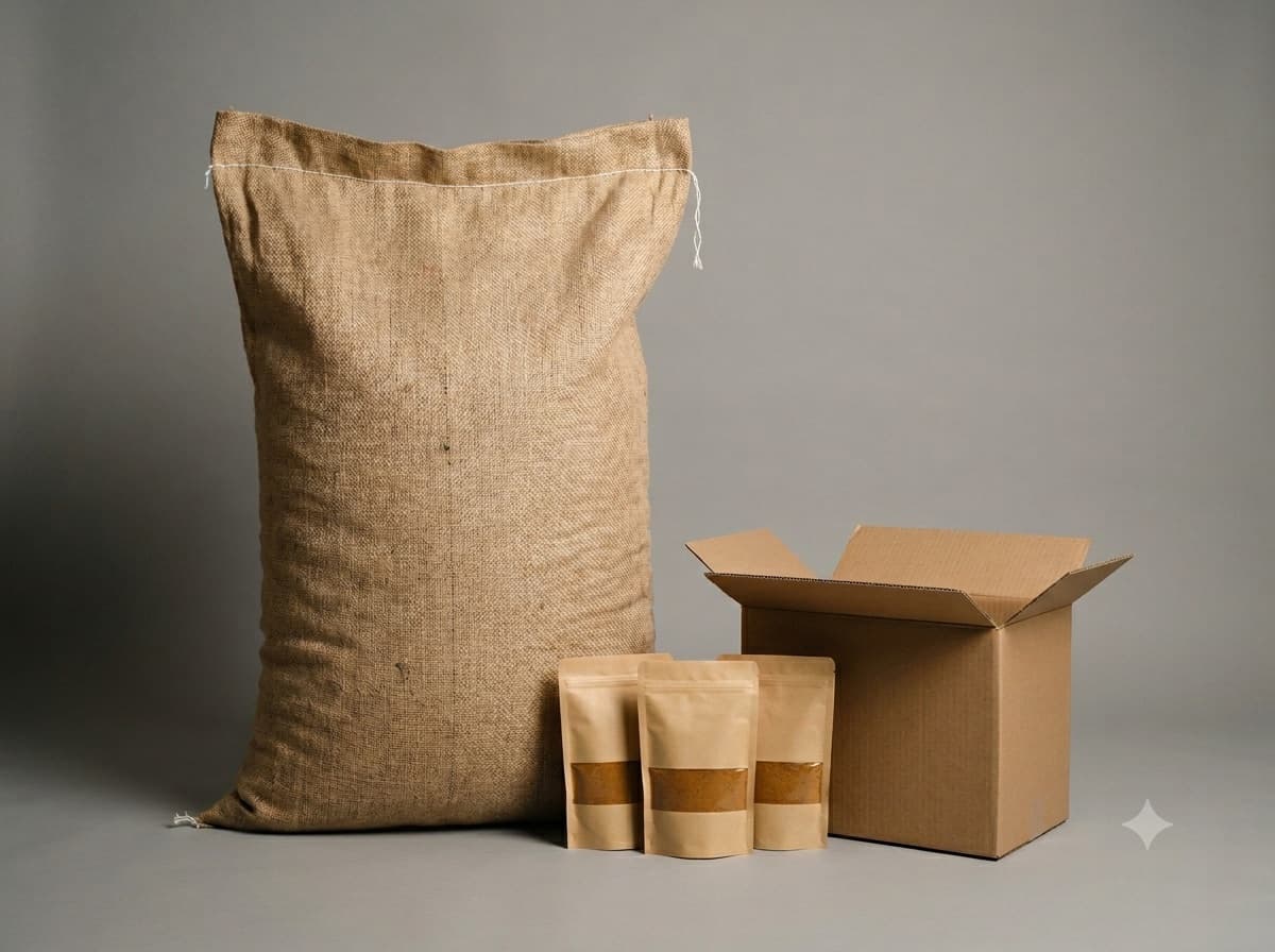 Bulk export sacks beside retail-size pouches of the same product.