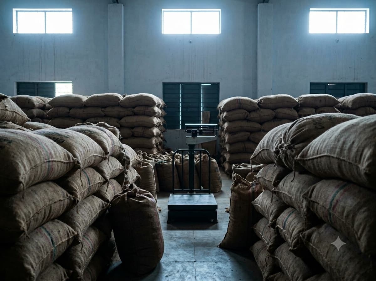 Jute sacks of graded spices stacked in a sorting warehouse.