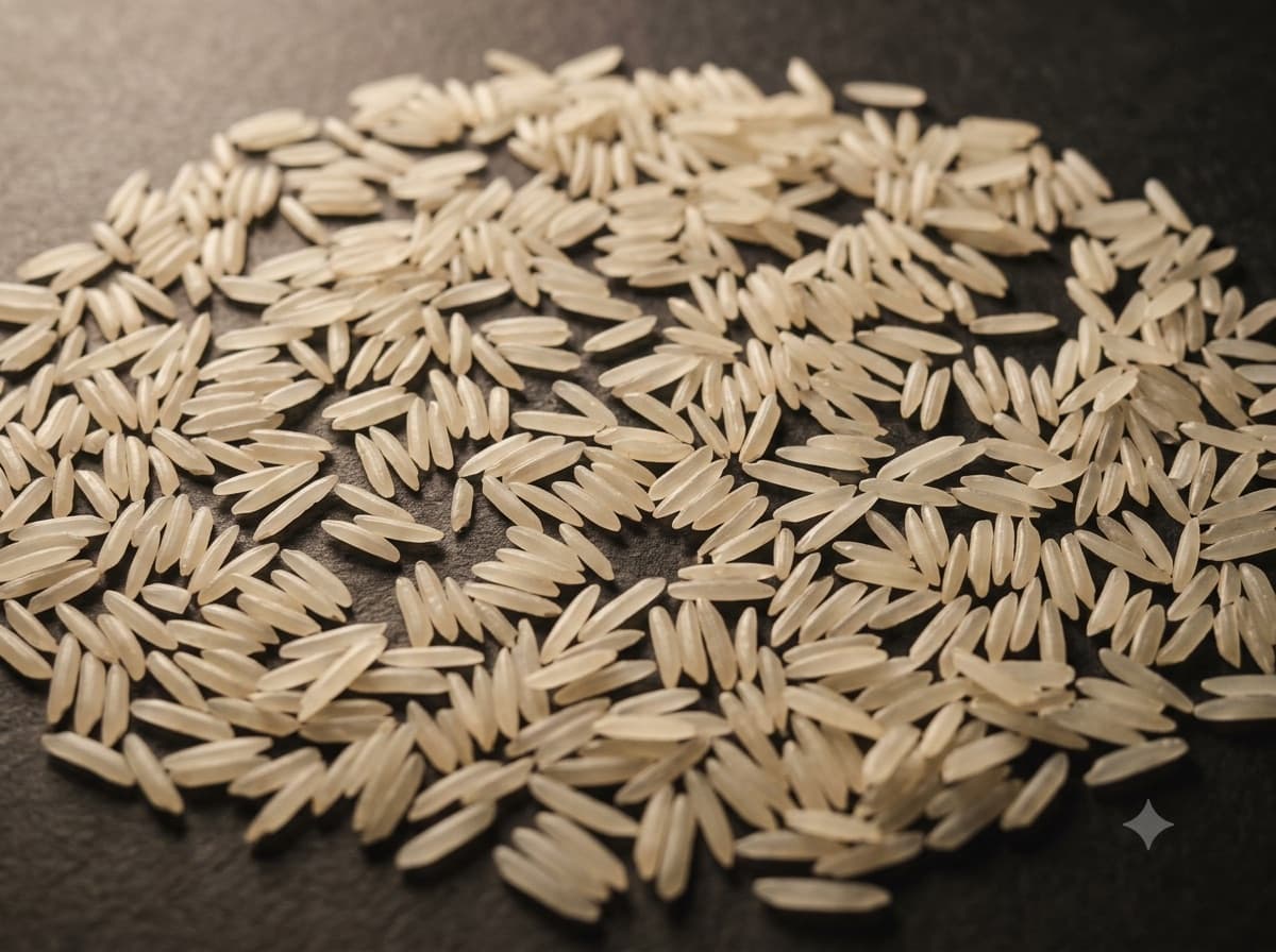 Raw extra-long-grain Basmati rice spread in a single layer so individual grain length is visible.