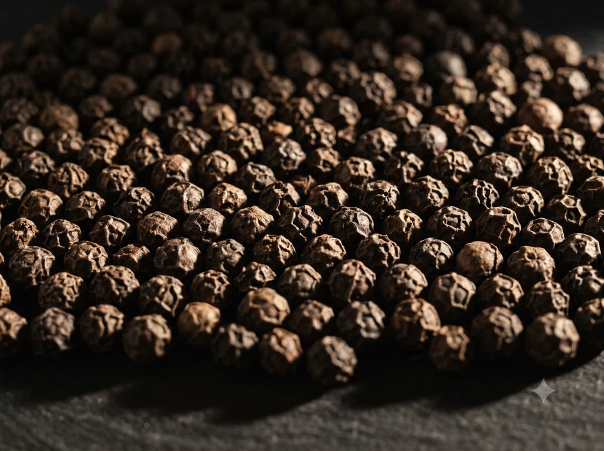Whole black peppercorns shown close, filling the frame, with their wrinkled surface visible.