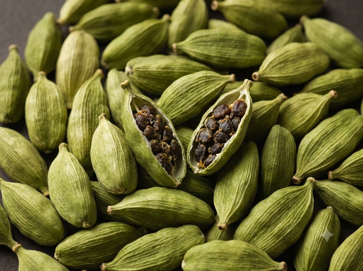 Whole green cardamom pods shown close, one split open to reveal the dark seeds inside.