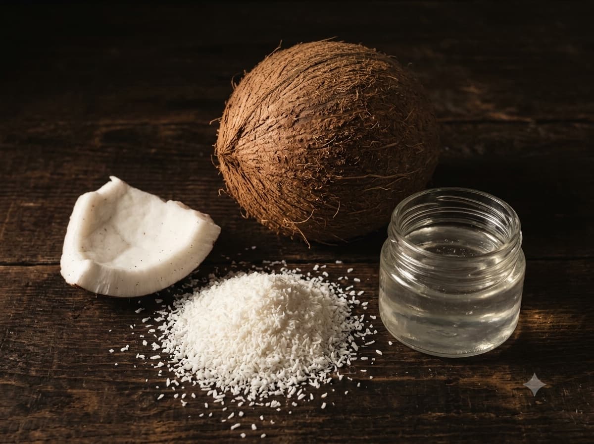 A whole mature coconut, a piece of white copra, desiccated coconut and a jar of coconut oil.