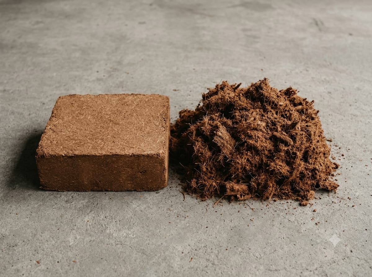 A compressed cocopeat block beside the same material expanded loose, showing the difference in volume.