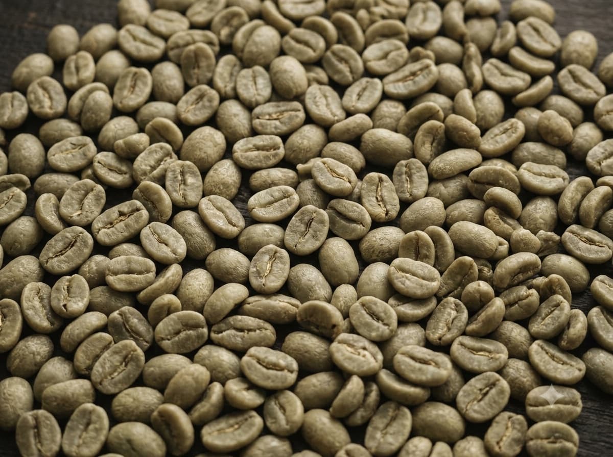 Raw unroasted green coffee beans shown close, each with its centre crease visible.