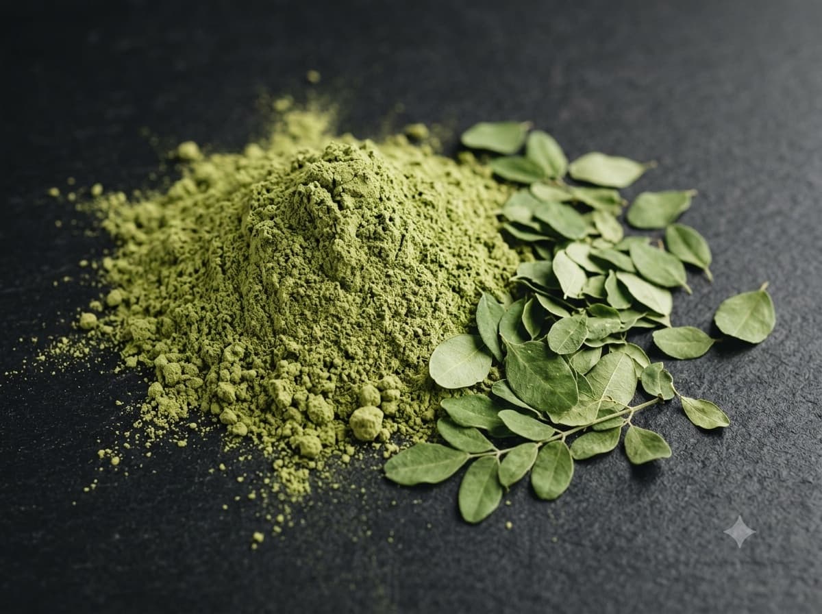 Bright green moringa leaf powder heaped beside dried whole moringa leaves.
