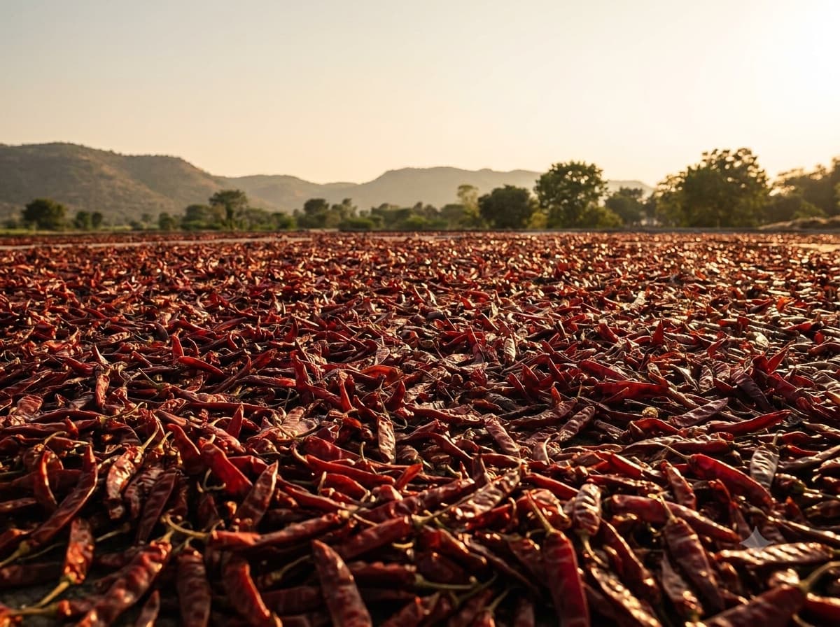 Harvested crop drying in the sun on an Indian farm, shot wide in late afternoon light.