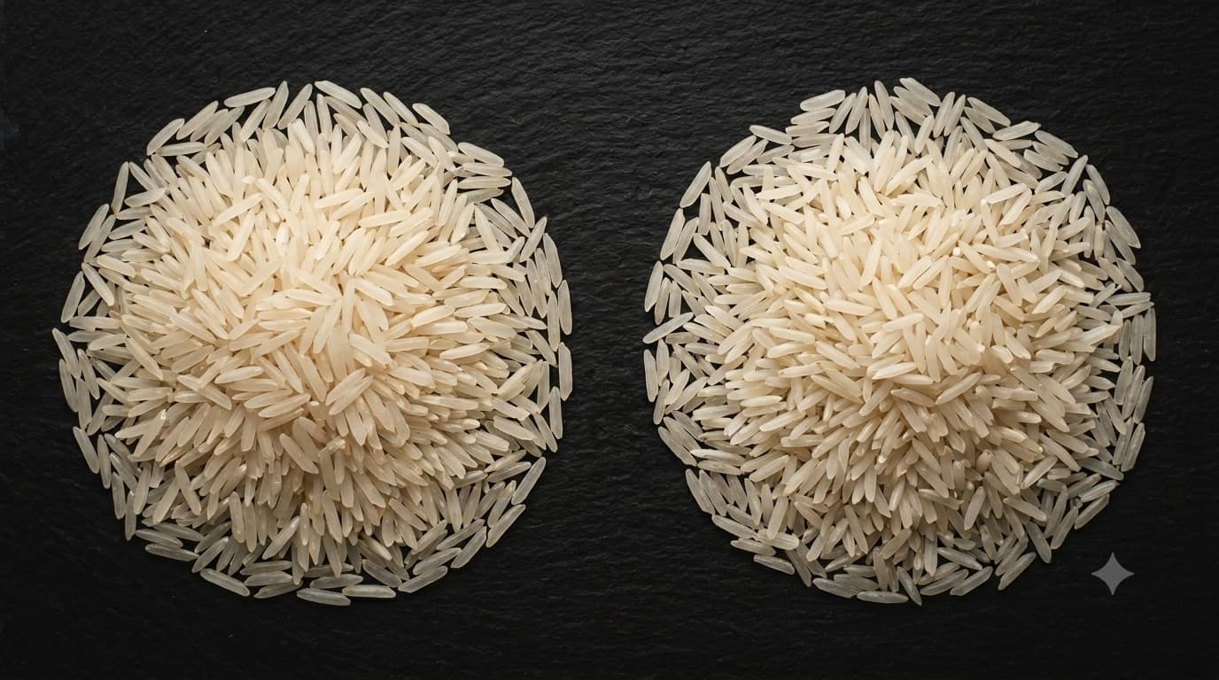 Two piles of long-grain Basmati rice side by side for comparison.