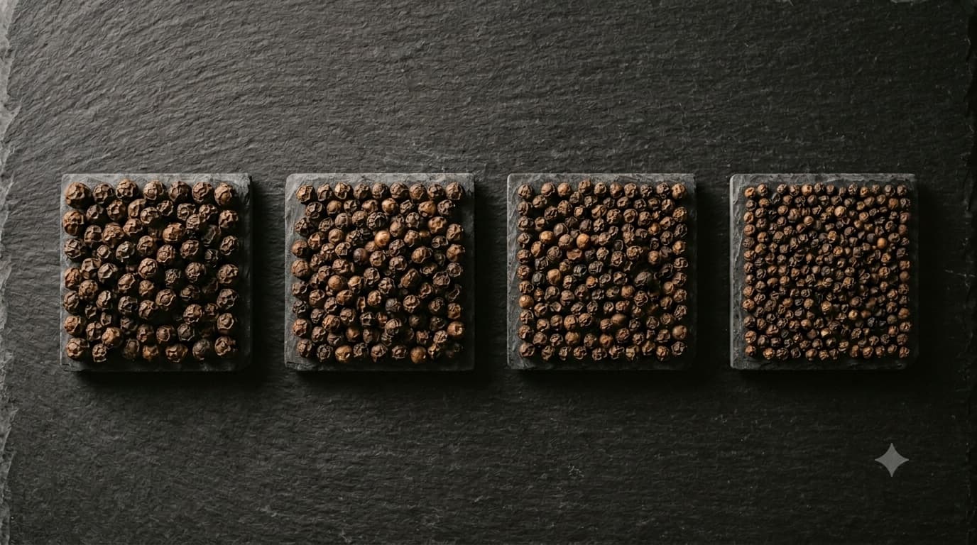 Black peppercorns separated into grade lots by berry size.