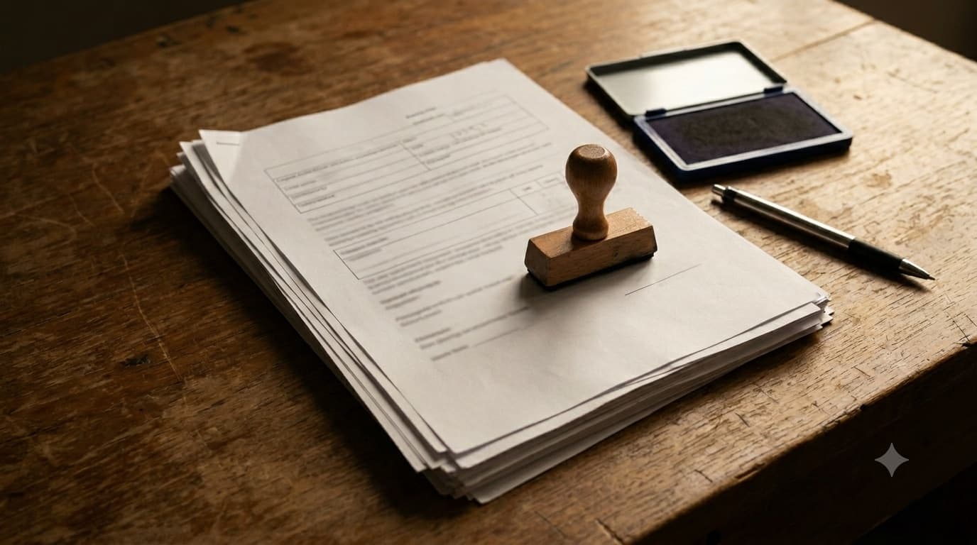 Export documents, a rubber stamp and an ink pad on a desk.