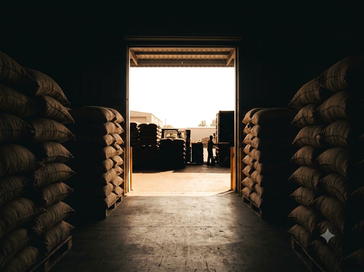 The doorway of an Indian spice warehouse, open to the loading yard.