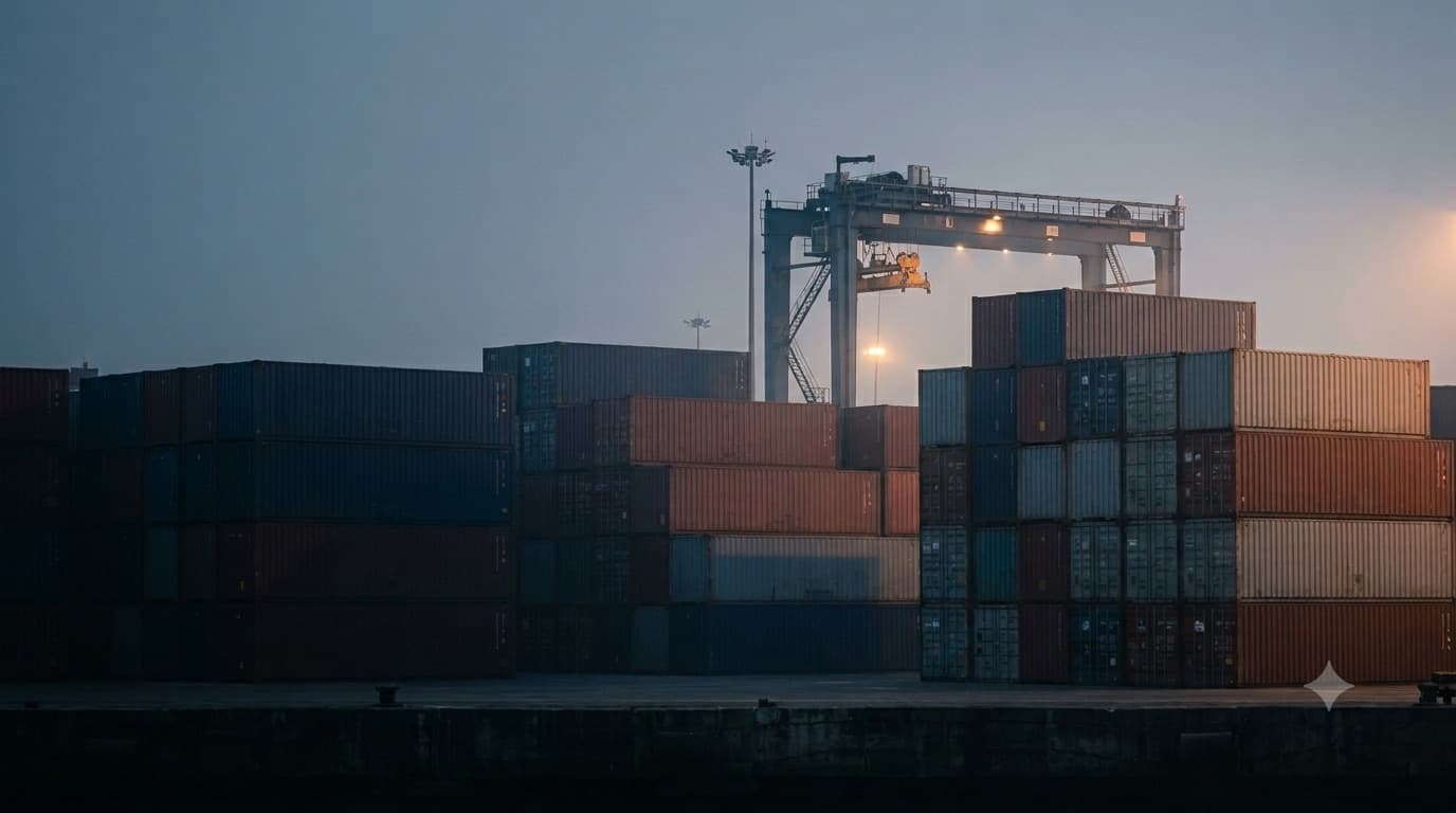 Stacked shipping containers at an Indian port, seen from the dockside.
