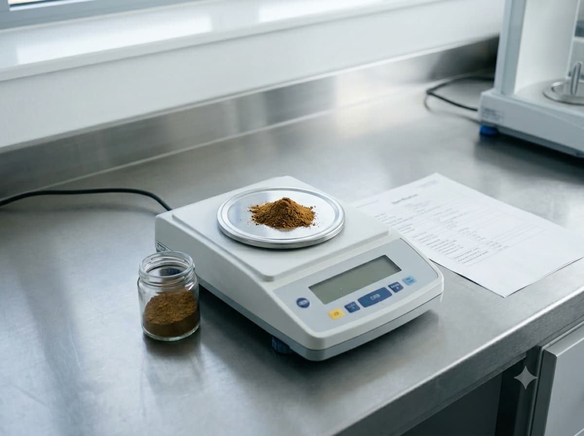 A spice sample being weighed and examined against a specification sheet in a testing lab.