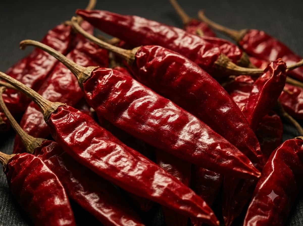 Whole dried red chillies with stems attached, shown close with their wrinkled skin in relief.