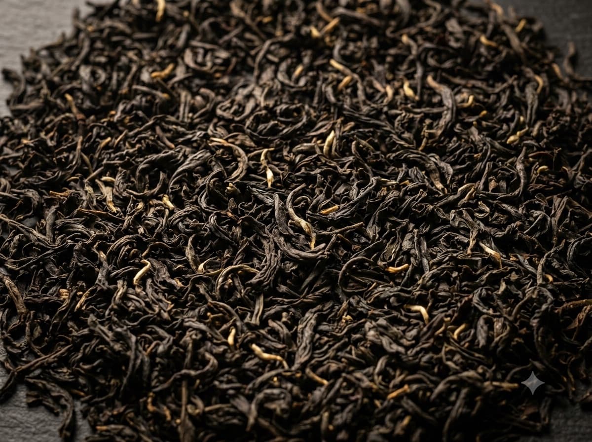 Dry curled orthodox black tea leaves shown close, filling the frame.