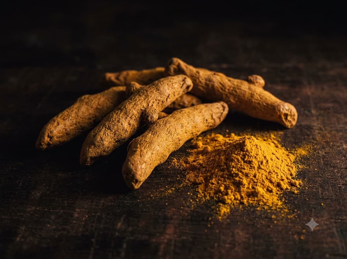Whole dried turmeric fingers beside a heap of ground turmeric powder.